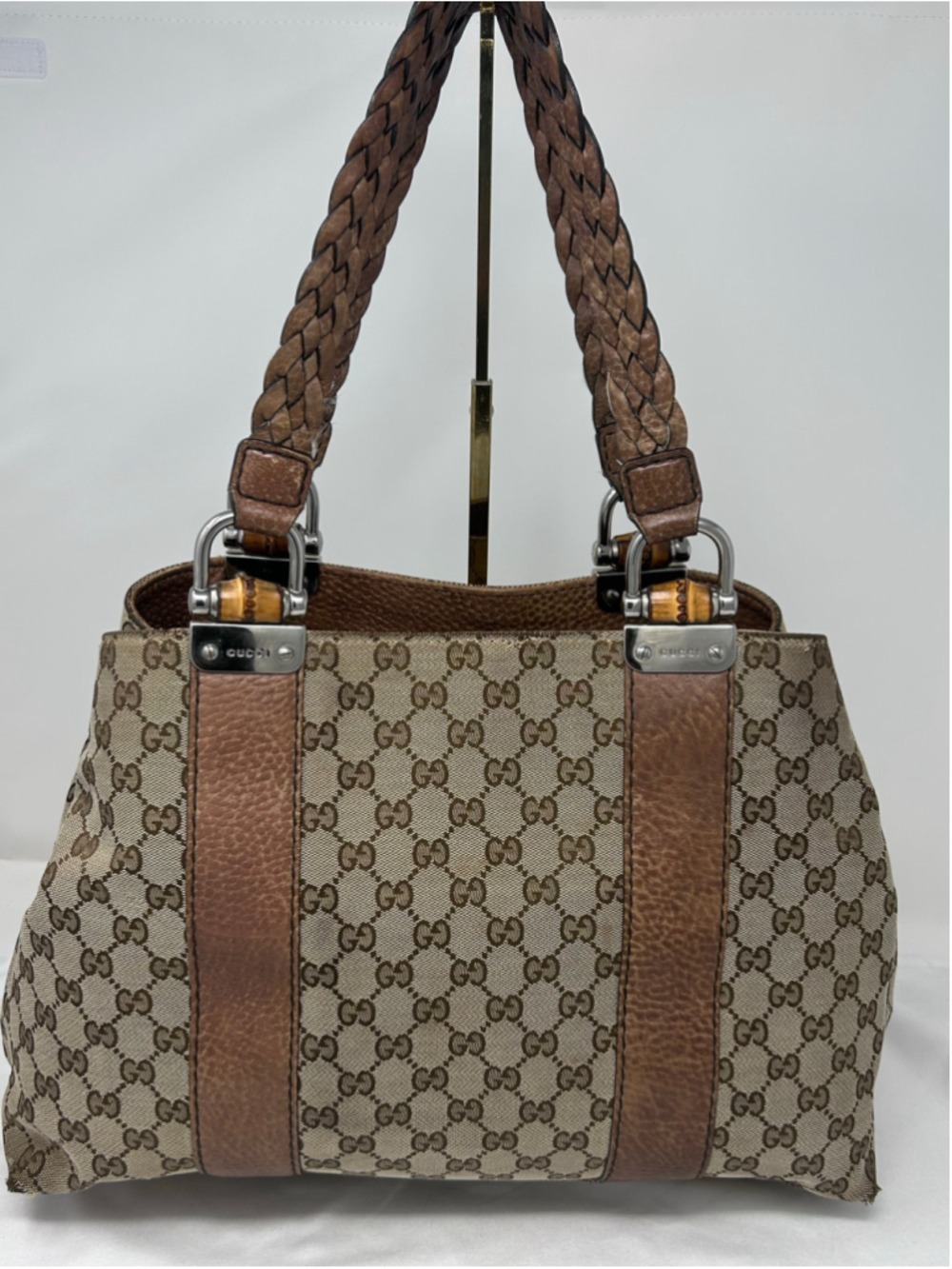 Gucci GG Canvas Bamboo Bar Tote Beige Monogram Shoulder Bag Leather - Picture 4 of 16